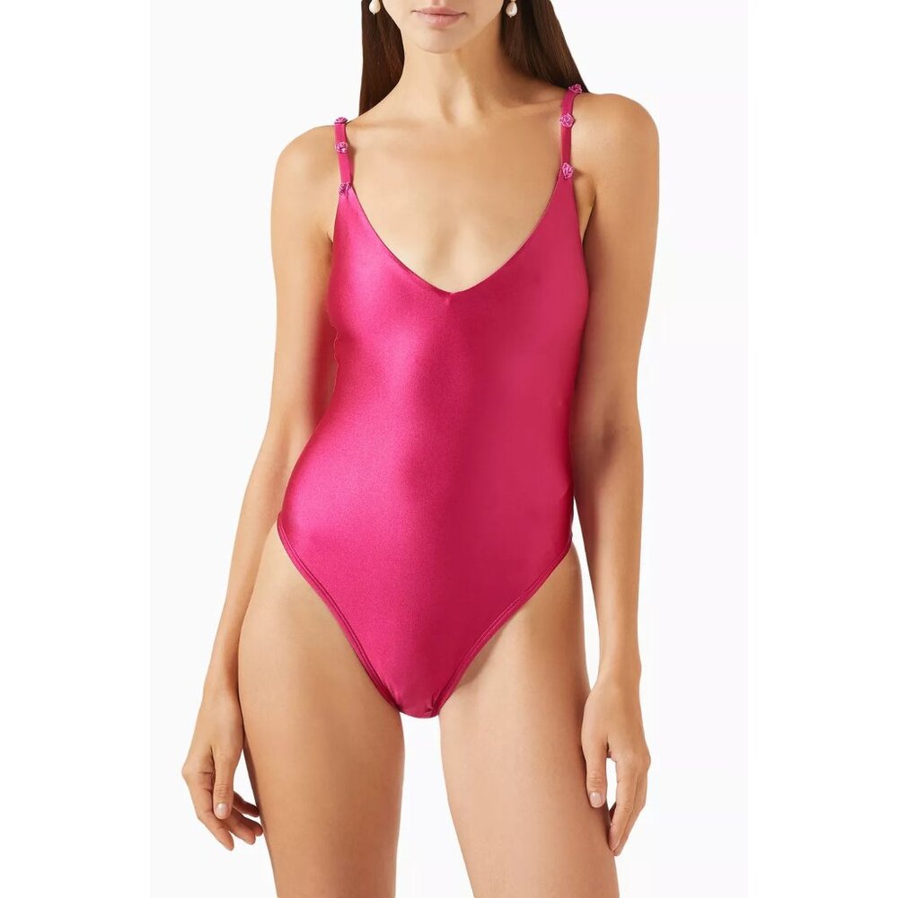 NWT Good American Satin Deep V One-Piece Swimsuit in Fuschia, Size Medium ($139)